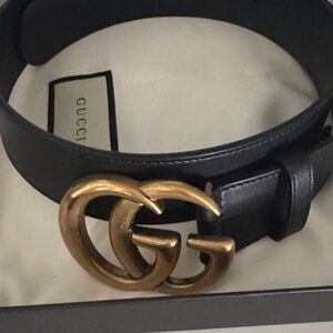 Gucci Black Leather Belt with Gold Double G Buckle